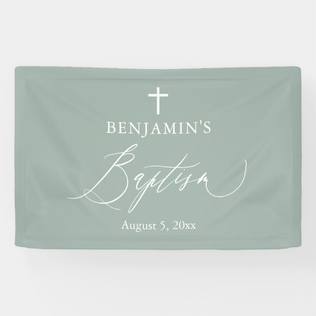 Banderoles Baptême fond de scène pour garçon Sage Green White (Horizontal)