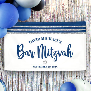 Banderoles Bar Mitzvah Modern Navy Blue Silver Tallit Script