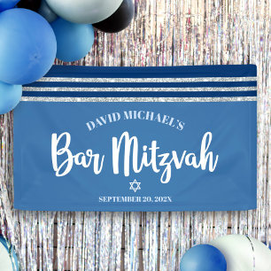Banderoles Bar Mitzvah Moderne Bleu Argent Tallit Bold Script
