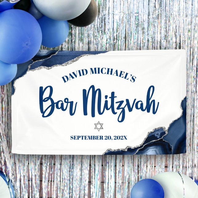 Banderoles Bar Mitzvah Simple Moderne Marine Bleu Agate Scrip (Créateur téléchargé)