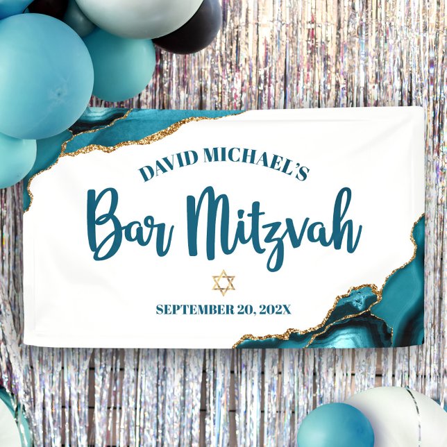 Banderoles Bar Mitzvah Simple Moderne Turquoise Agate Écritur (Créateur téléchargé)