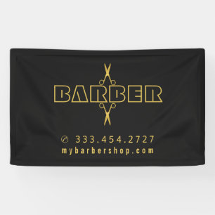 Banderoles Barber shop moderne script or ciseaux noir