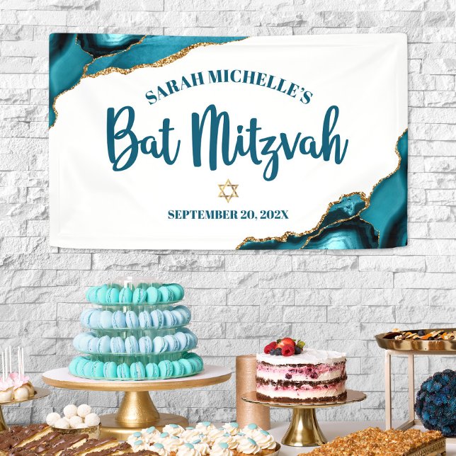 Banderoles Bat Mitzvah Agate Moderne Or Turquoise Écriture (Créateur téléchargé)