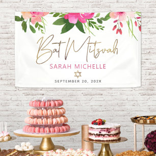 Banderoles Bat Mitzvah Aquarelle Rose Script Doré