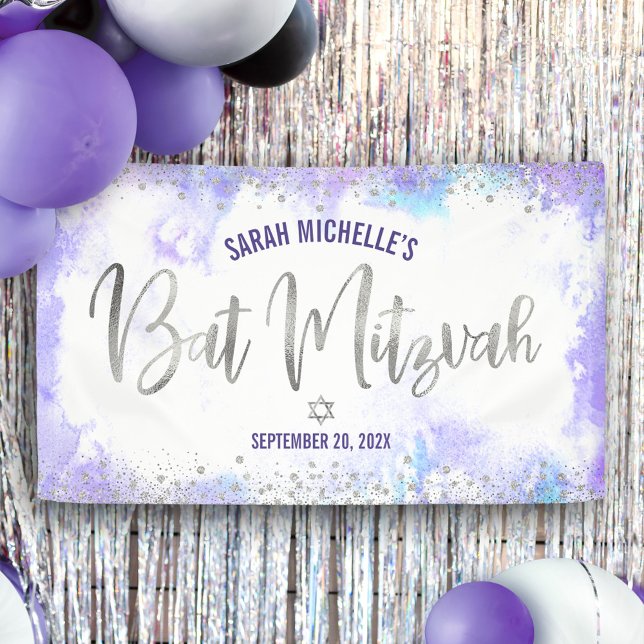 Banderoles Bat Mitzvah Eau Violet Script Argenté Feuille (Créateur téléchargé)