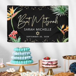 Banderoles Bat Mitzvah Palmier Tropical Noir Or Bienvenue