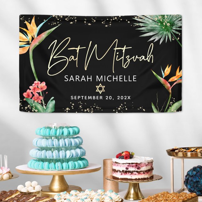 Banderoles Bat mitzvah Tropical Palm Leaf Black Gold Bienvenu (Créateur téléchargé)