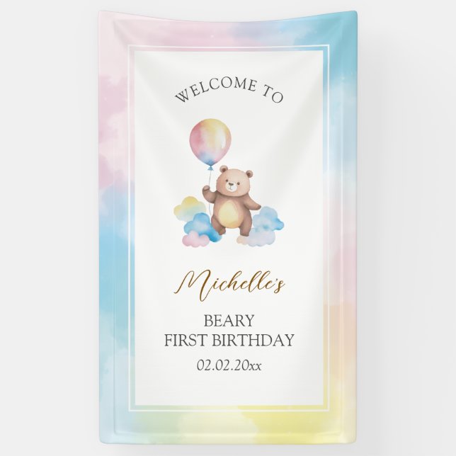 Banderoles Bear Balloon Clouds Beary First Birthday Welcome (Vertical)