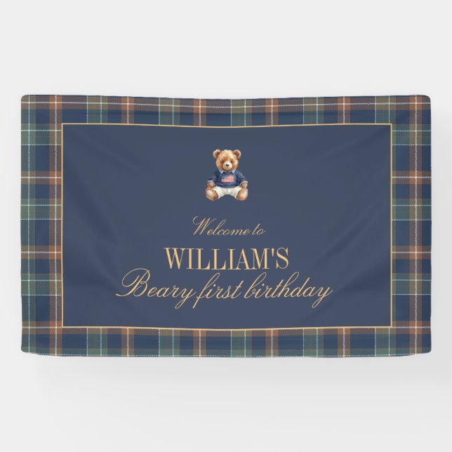 Banderoles Beary First Navy Plaid Teddy Bear Birthday Banner  (Horizontal)