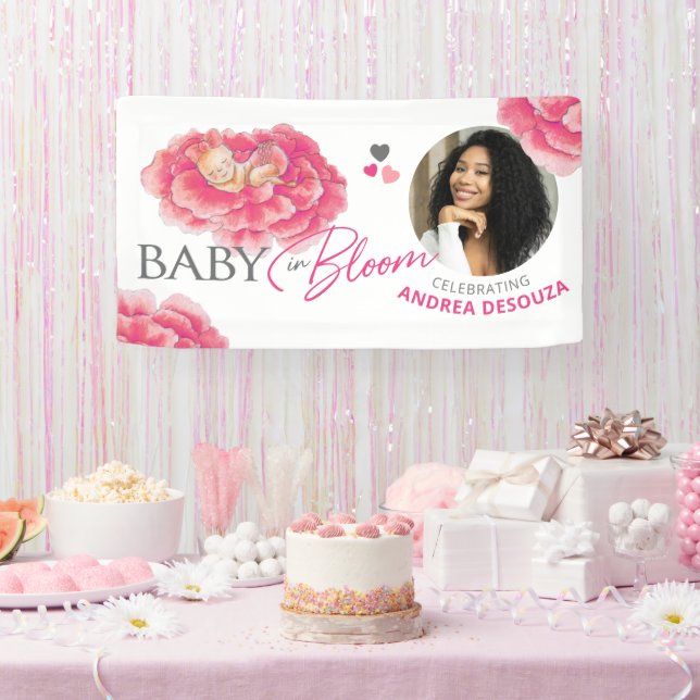 Banderoles Bébé en fleur aquarelle baby shower photo rose (Fête)