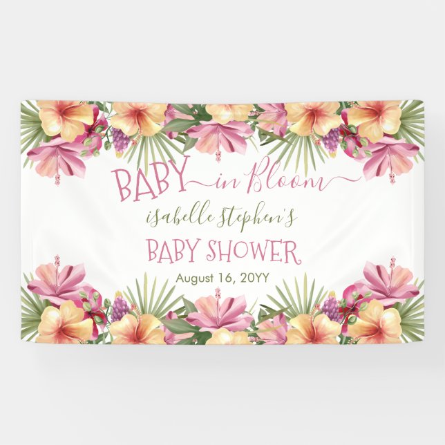 Banderoles Bébé en fleur Baby shower floral rose tropicale = (Horizontal)