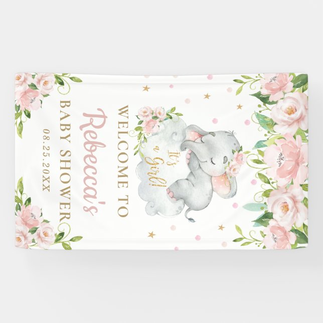 Banderoles Bébé mignon Eléphant rose Floral fond d'accueil (Horizontal)