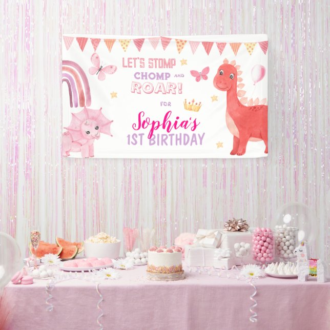 Banderoles Bébé mignon fille rose Dino Dinosaur Anniversaire  (Fête)