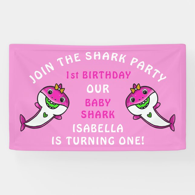Banderoles Bébé mignon requin rose 1ère fête d'anniversaire (Horizontal)