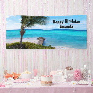 Banderoles  Belle plage tropicale anniversaire avec palmiers 