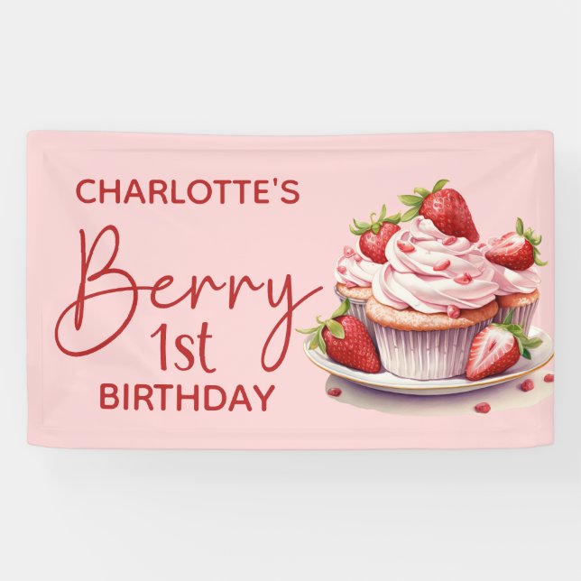 Banderoles Berry 1er Anniversaire Pink Red Strawberry Nom (Horizontal)