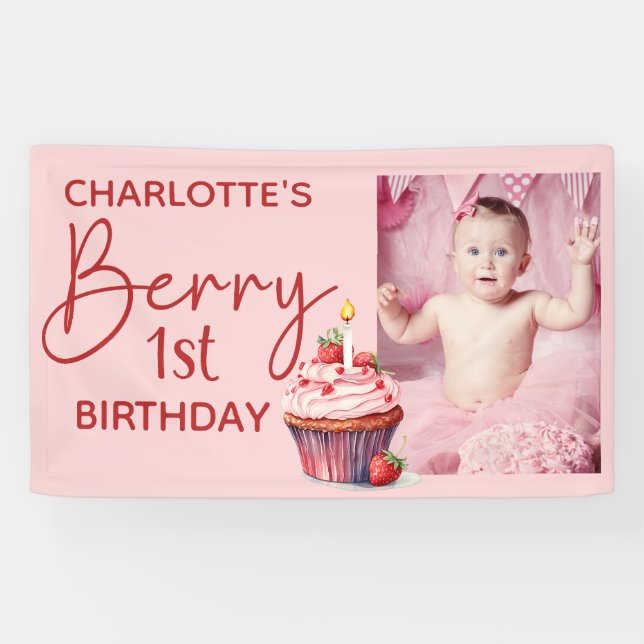 Banderoles Berry 1er anniversaire Pink Red Strawberry Nom Pho (Horizontal)