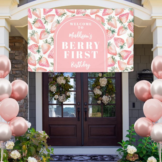 Banderoles Berry fraise Première fête d'anniversaire Bienvenu (Strawberry Berry First 1st Birthday Party Welcome Banner)