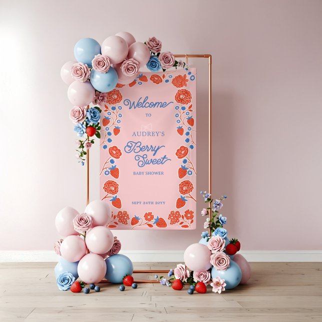 Banderoles Berry Sweet Floral Baby shower de bienvenue (Berry Sweet Floral Strawberry Welcome Baby Shower Banner)