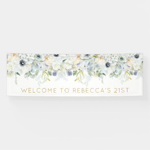 Banderoles Bienvenue 21ème Parti Nom Florals blancs Feuilles
