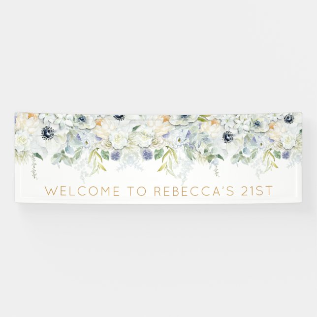 Banderoles Bienvenue 21ème Parti Nom Florals blancs Feuilles (Horizontal)