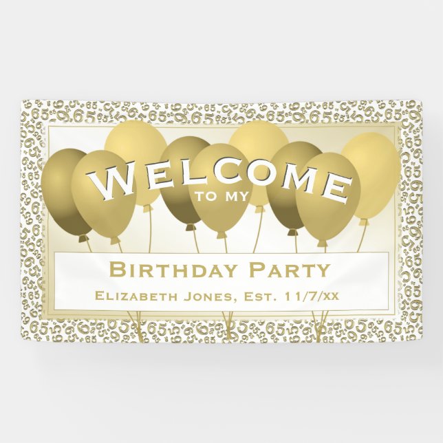 Banderoles Bienvenue 65e anniversaire Motif numéro | Or/Blanc (Horizontal)