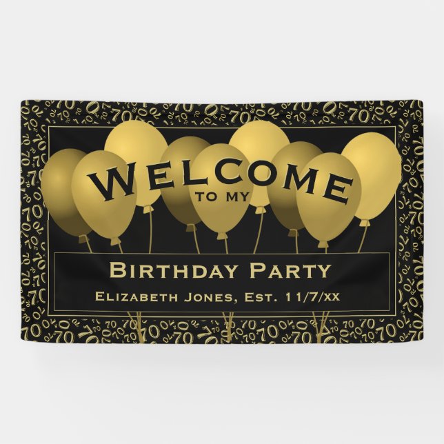 Banderoles Bienvenue 70e anniversaire Numéro Motif | Noir/Or (Horizontal)