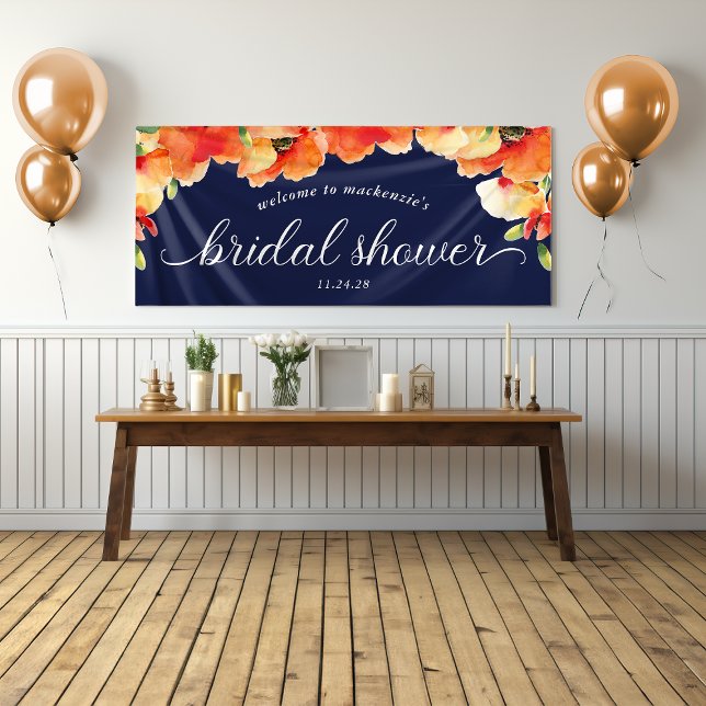 Banderoles Bienvenue à la Baby Shower Bleu Nuit Fleur de Pavo (Navy Blue Golden Poppy Bridal Shower Welcome Banner)