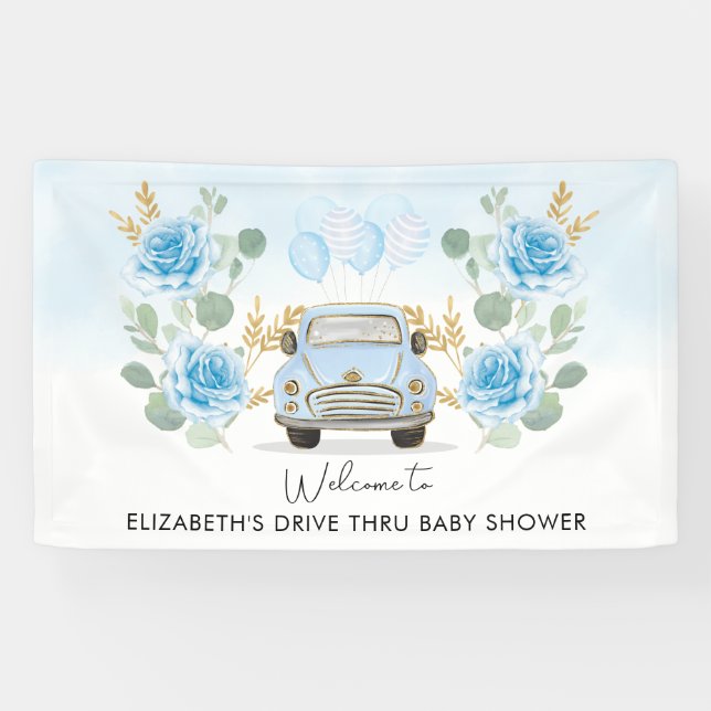 Banderoles Bienvenue à la Baby Shower Drive Thru Blue Gold Fl (Horizontal)