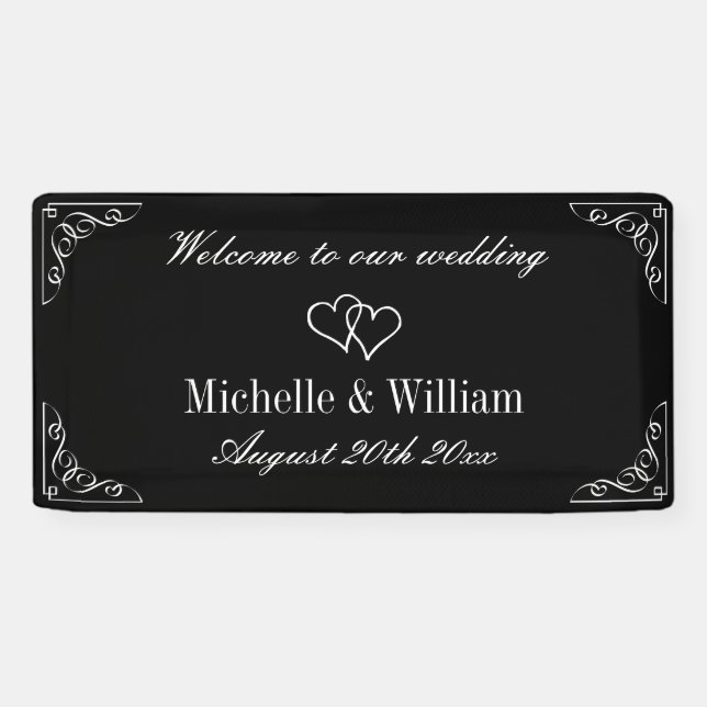 Banderoles Bienvenue à notre mariage élégant noir et blanc (Horizontal)