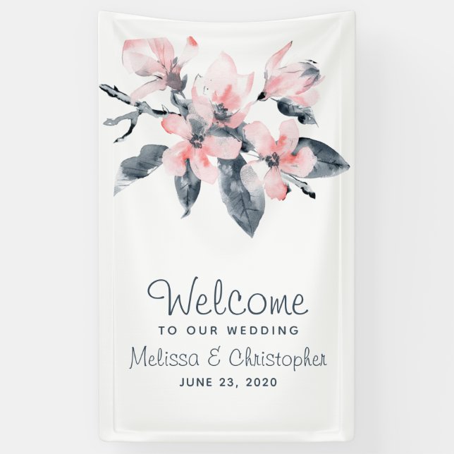 Banderoles Bienvenue à notre mariage Fleurs roses et grises É (Vertical)