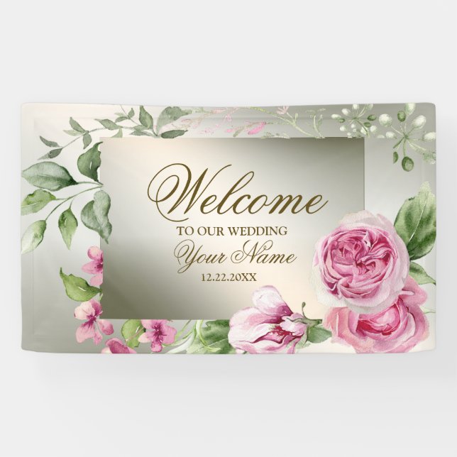 Banderoles Bienvenue Aquarelle rose cadre Floral Bronze brill (Horizontal)