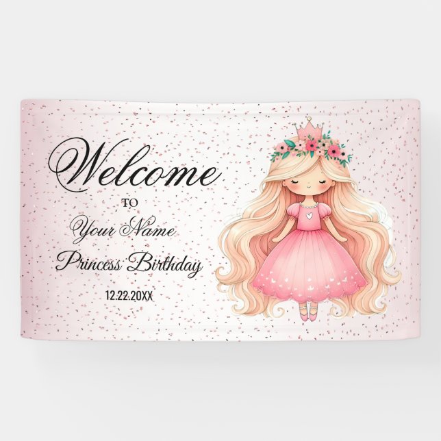Banderoles Bienvenue Aquarelle rose princesse fête d'annivers (Horizontal)