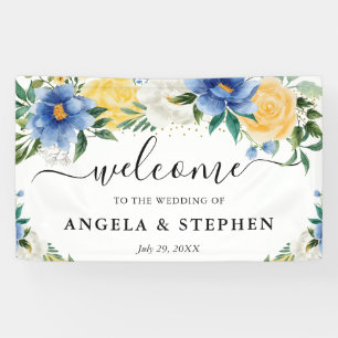 Banderoles Bienvenue au mariage aux fleurs bohèmes bleues et 