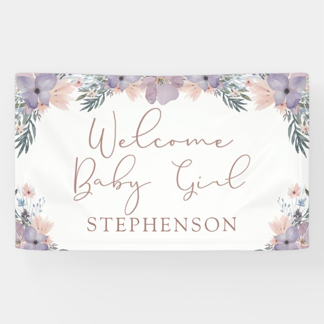 Banderoles Bienvenue Baby Girl Aquarelle Floral Personnalisé (Horizontal)