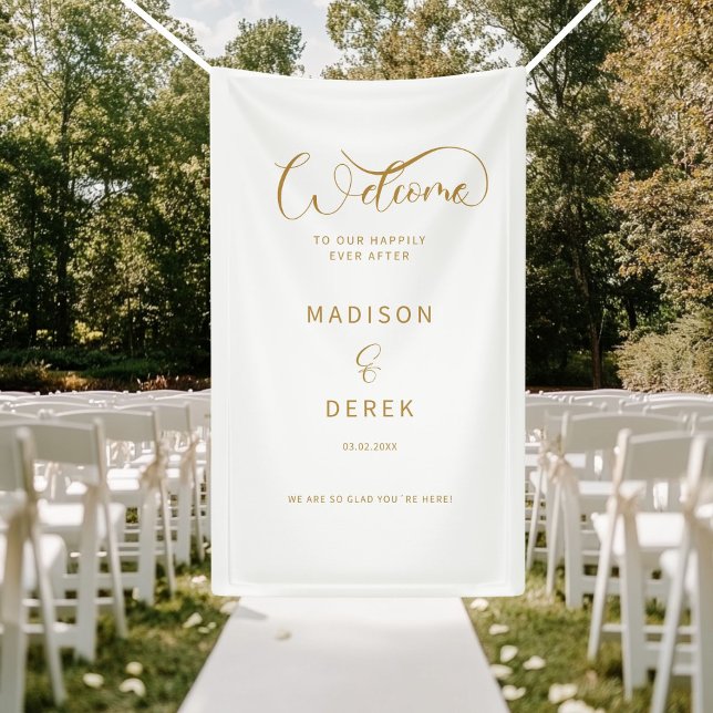 Banderoles Bienvenue dans notre bonheur éternel ! (Welcome to our happily ever after! White Banner. Personalized with your name and date. )