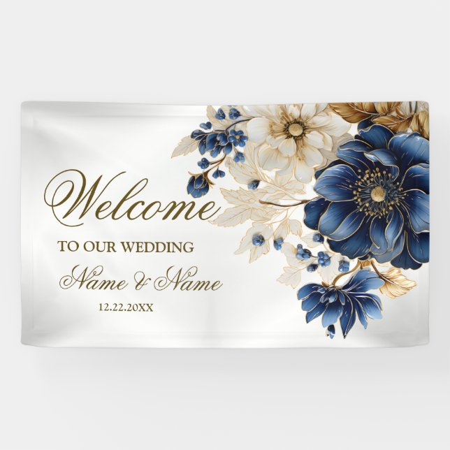 Banderoles Bienvenue Mariage Marine Bleu Blanc Or Floral (Horizontal)