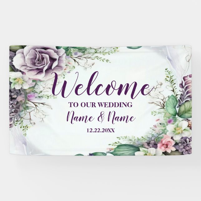 Banderoles Bienvenue Mariage Party Purple Floral Green Foliag (Horizontal)