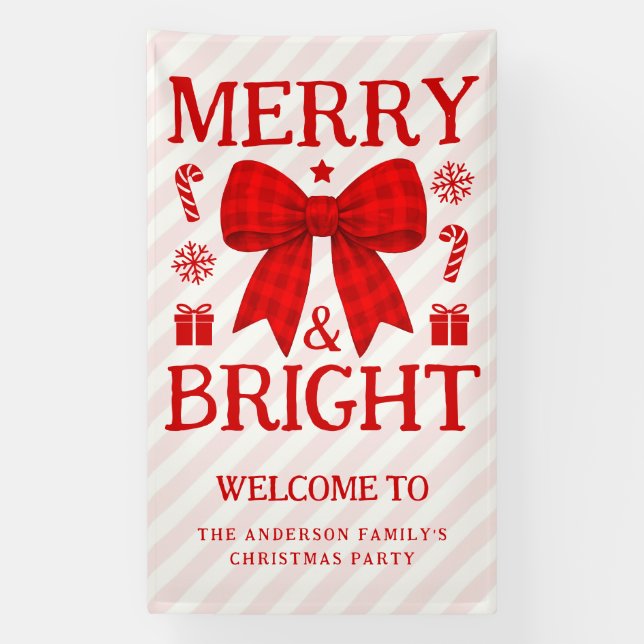 Banderoles Bienvenue Noël Ruban Gingham Rouge Merry & Bright (Verticale)