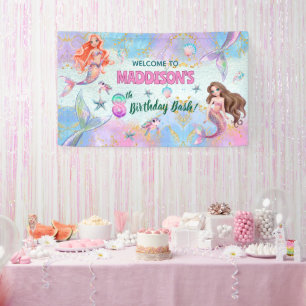 Banderoles Bienvenue pour les 8 ans des sirènes glitter rose 