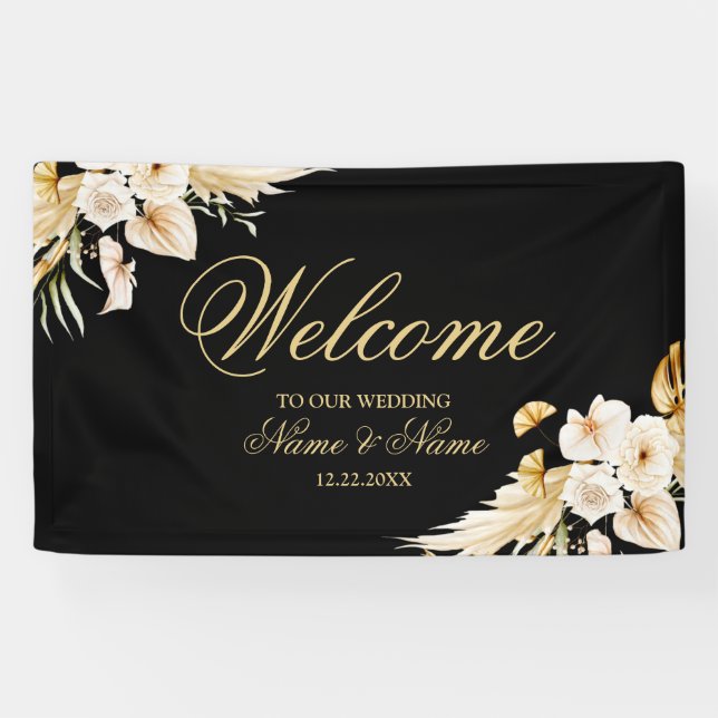 Banderoles Bienvenue Soirée Mariage Blush Rose Floral Or Noir (Horizontal)