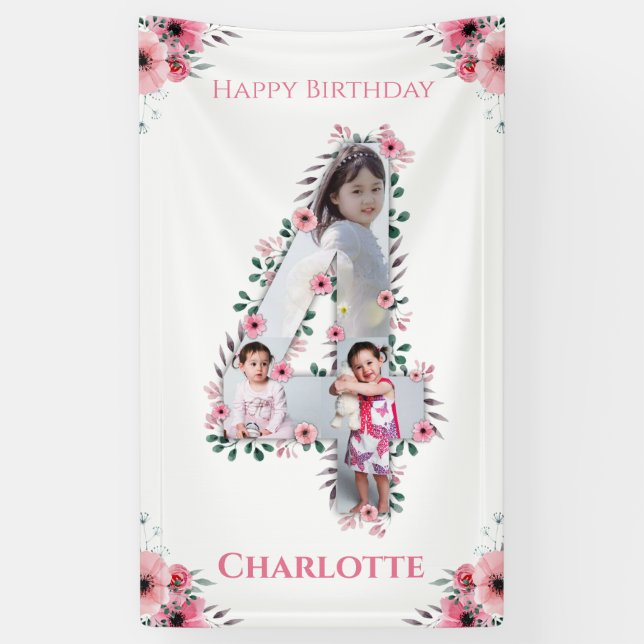 Banderoles Big 4th Birthday Girl Photo Collage Fleur rose (Vertical)