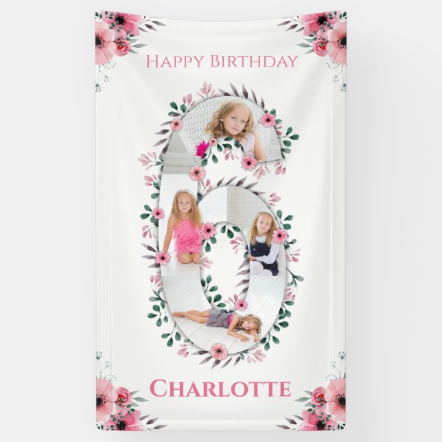 Banderoles Big 6th Birthday Girl Photo Collage Fleur rose (Vertical)