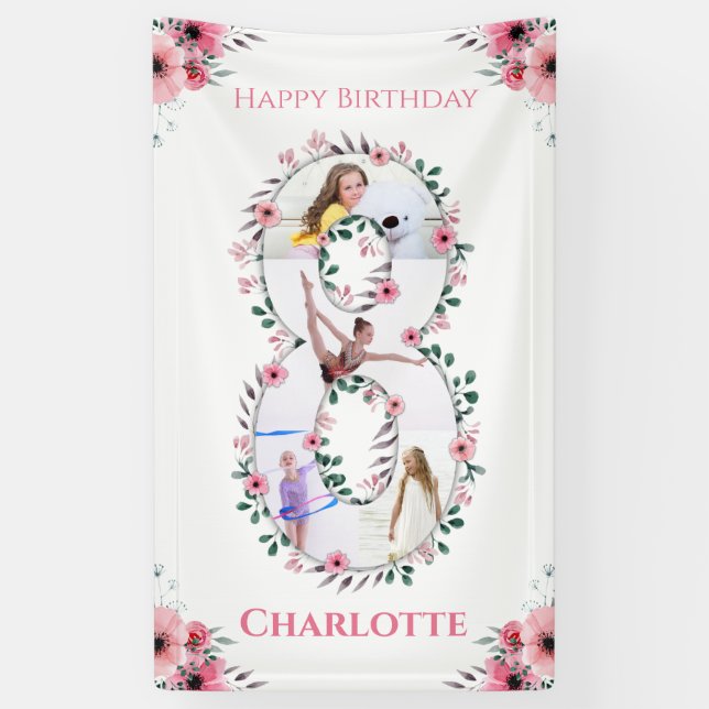 Banderoles Big 8th Birthday Girl Photo Collage Fleur rose (Vertical)
