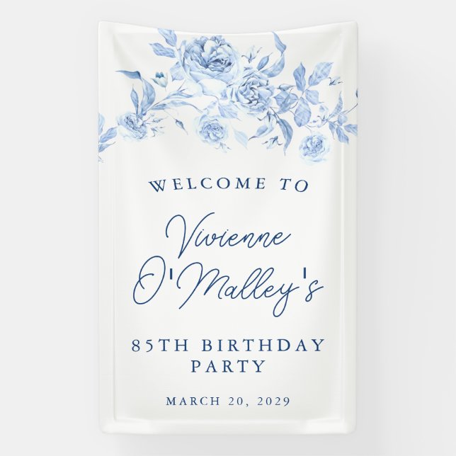 Banderoles Birthday Banner 85th Birthday Party Blue Floral (Verticale)
