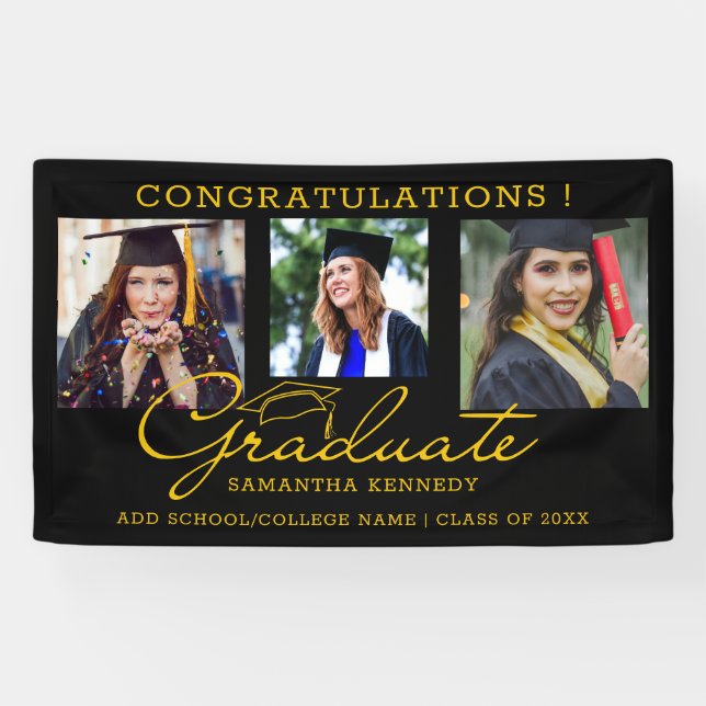 Banderoles Black And Gold Congrats Graduate 3 Photo Collage (Horizontal)
