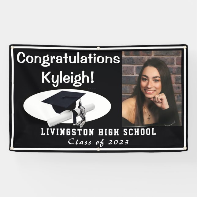 Banderoles Black avec accents blancs Vinyl Graduation Photo (Horizontal)
