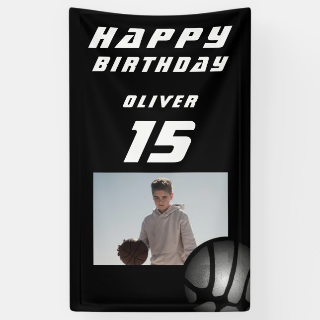 Banderoles Black Basketball Boy Photo Joyeux Anniversaire (Vertical)