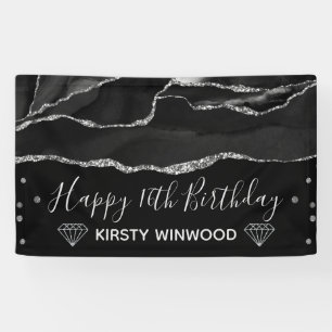 Banderoles Black & Faux Silver Glitter Agate Sweet 16