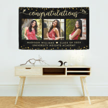 Black Gold Graduation 3 Photo Modern Script Hearts